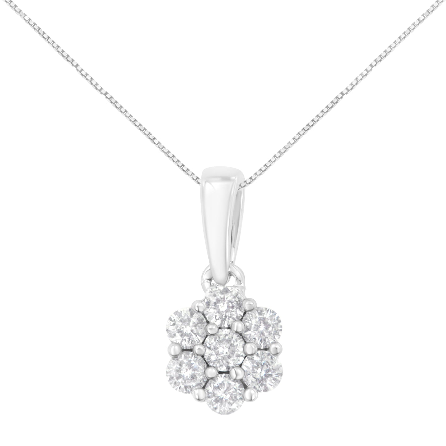 14K White Gold 1/2 Cttw Prong Set Round-Cut Diamond 7 Stone Floral Cluster 18" Pendant Necklace (H-I Color, I1-I2 Clarity)