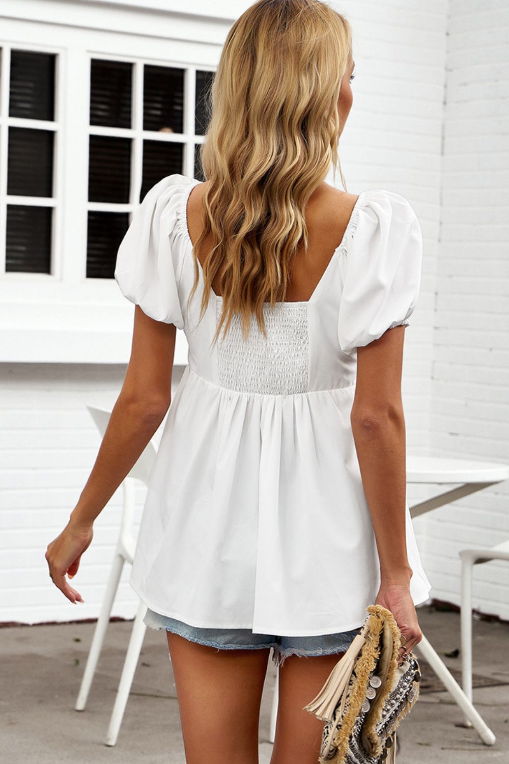 Notched Neck Smocked Babydoll Top