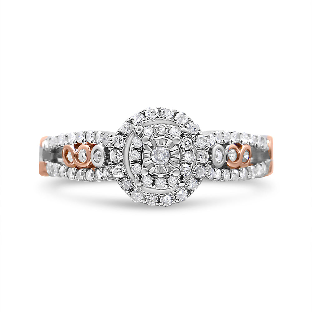14K Rose Gold Plated .925 Sterling Silver 3/8 Cttw Round Diamond Double Frame Cross-Over Split Shank Engagement Ring (I-J Color, I2-I3 Clarity) - Size 6