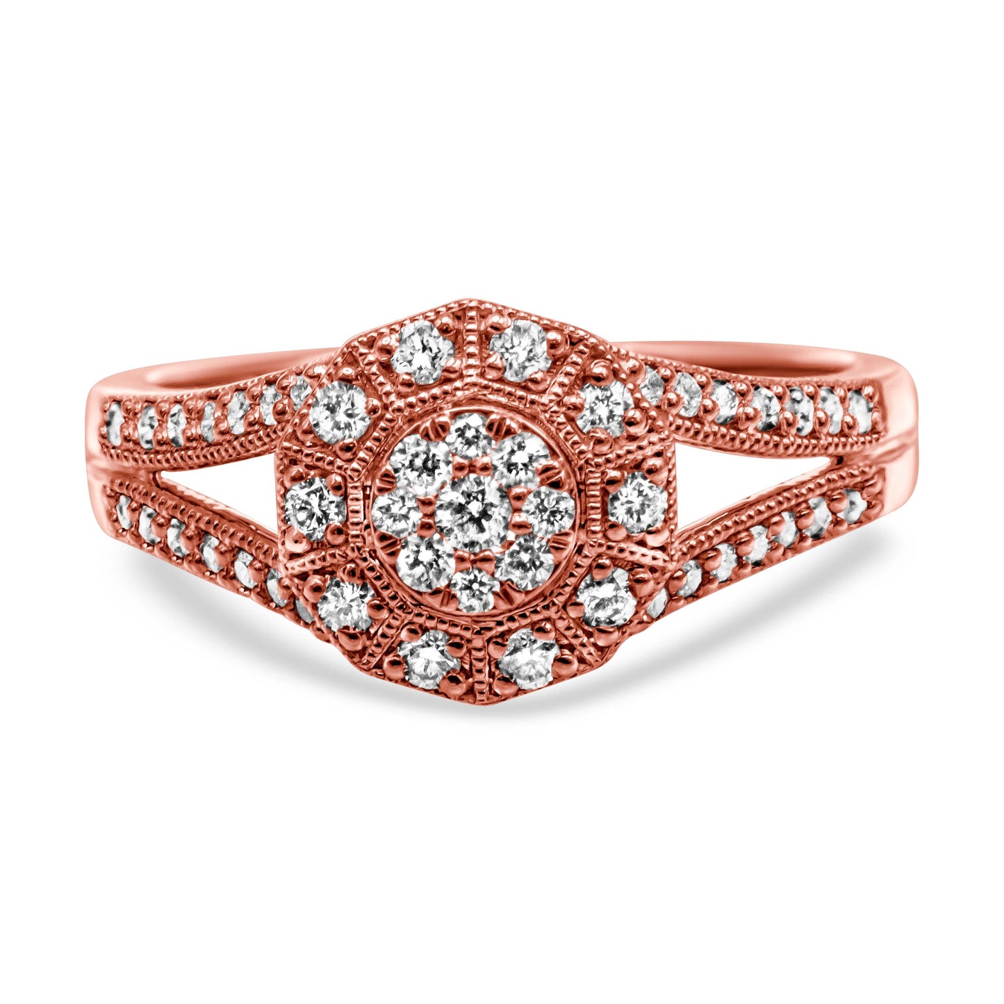 14K Rose Gold Plated .925 Sterling Silver 1/2 Cttw Pave Diamond Halo Cluster Split Shank Cocktail Ring (I-J Color, I1-I2 Clarity) - Size 7