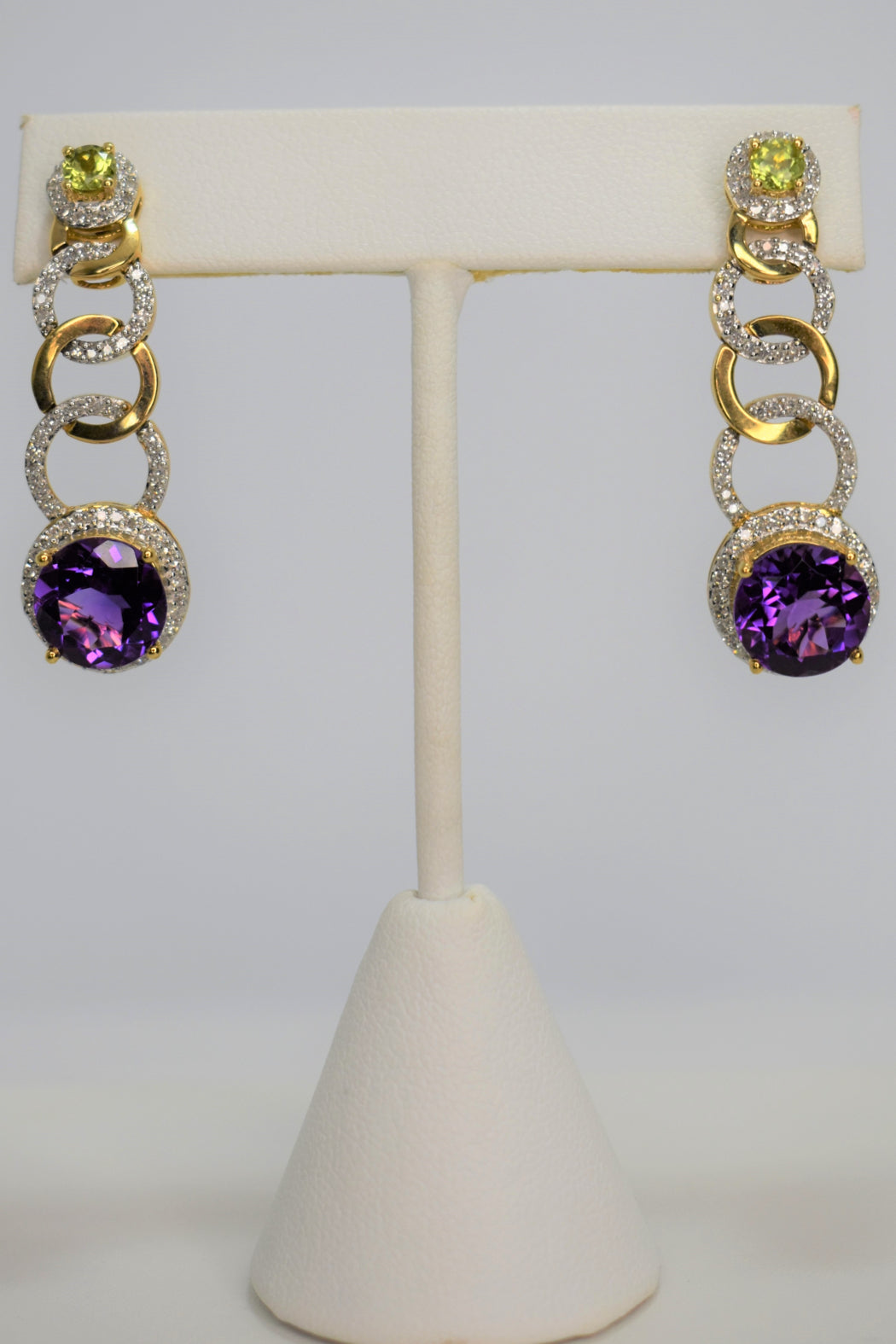 14kt Yellow Gold Peridot, Amethyst & Diamond Earrings