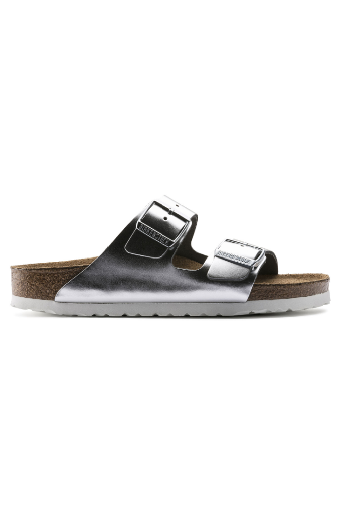 Birkenstock Arizona Soft Footbed Leather Narrow Width in Metallic Silver