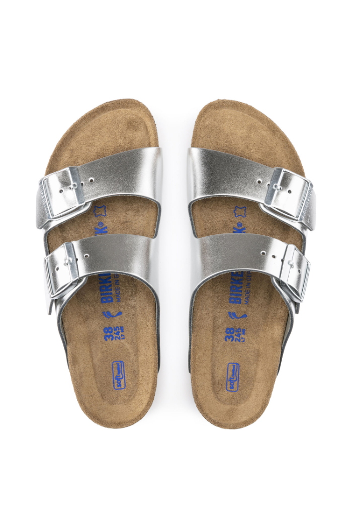 Birkenstock Arizona Soft Footbed Leather Narrow Width in Metallic Silver