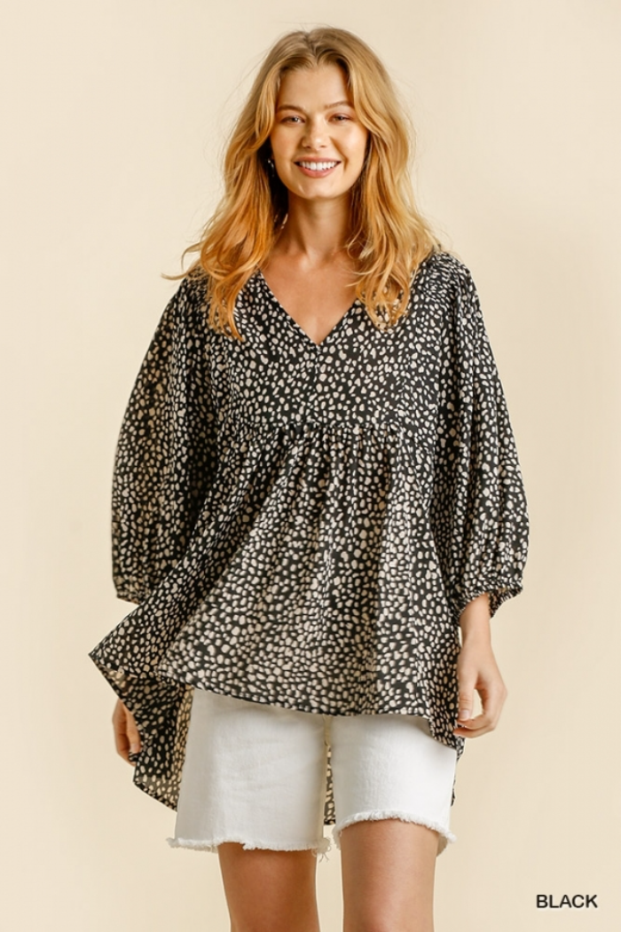 V Neck Animal Print Babydoll Top