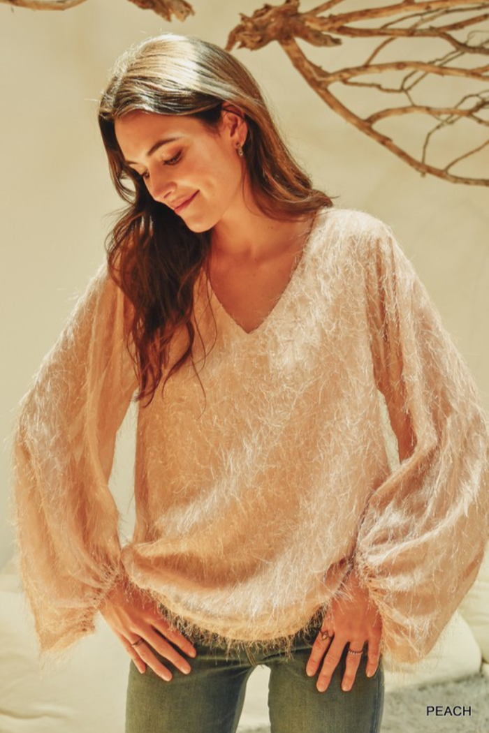 All Over Tinsel Fringe Bubble Sleeve Top
