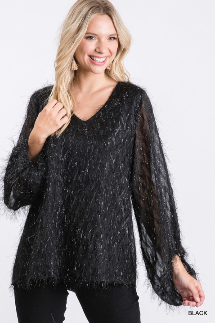 All Over Tinsel Fringe Bubble Sleeve Top