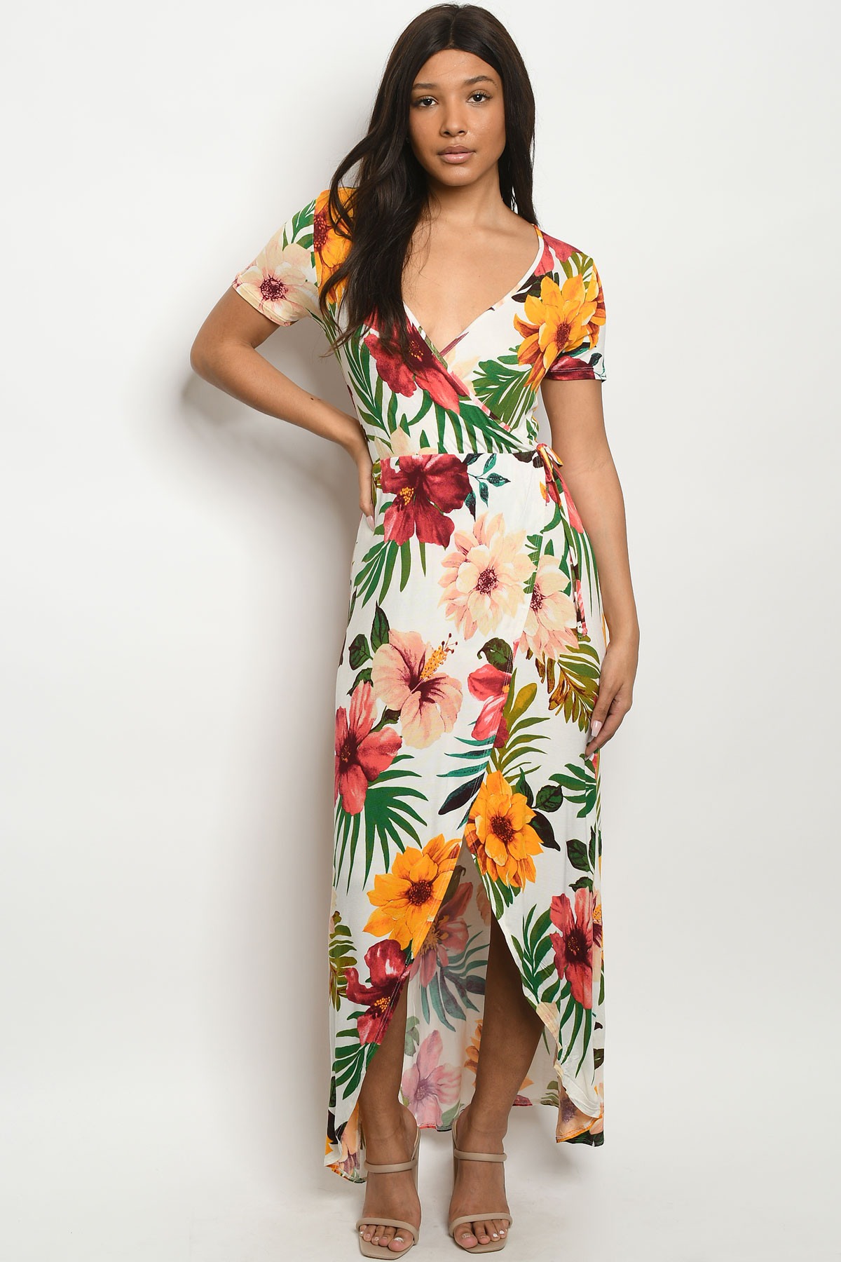 Tropical Ivory Wrap Maxi Dress