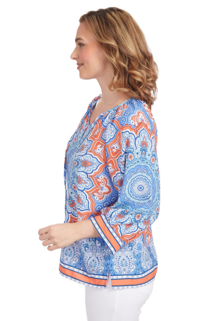 Split Neck Island Print Silk Top