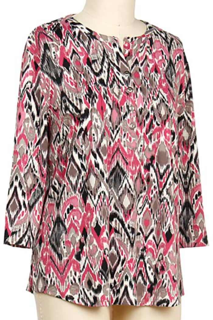 3/4 Slv Print Placket Top