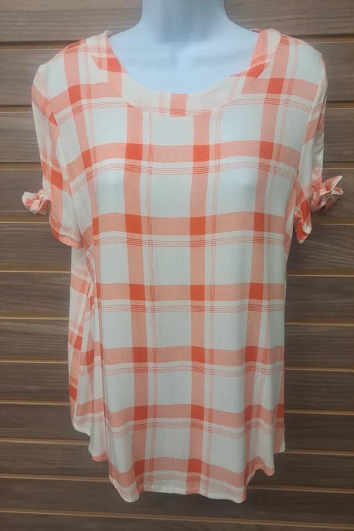 Tied short sleeve orange plaid linen