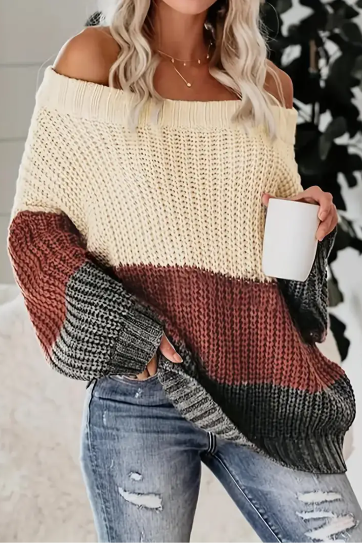 OFF THE SHOULDER COLOR BLOCK KNIT SWEATER