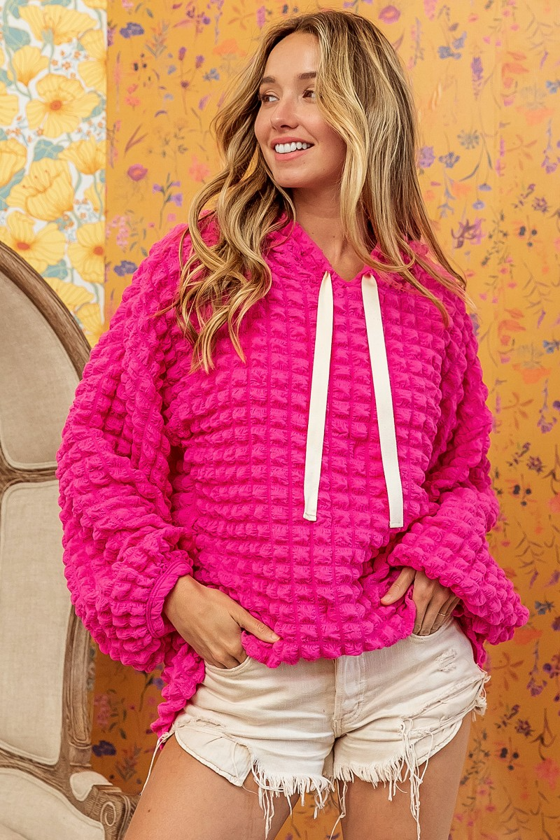 BUBBLE WOVEN BALLON SLEEVES HOODIE TOP