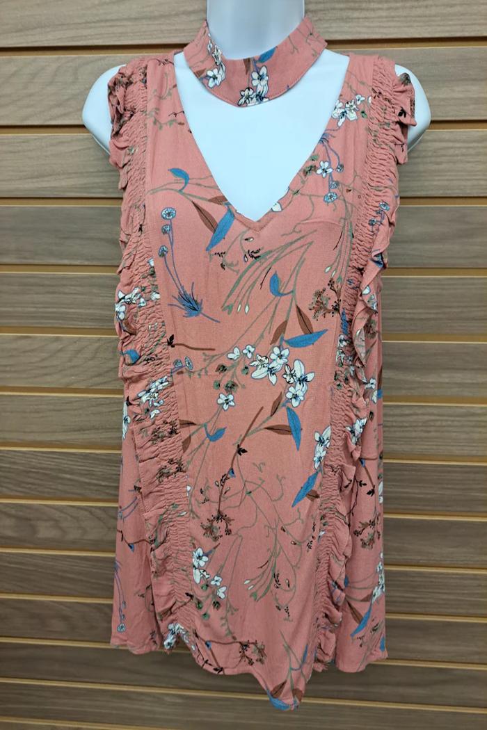 V Neck Collar Dusty Pink Ruffle Button Back Tank