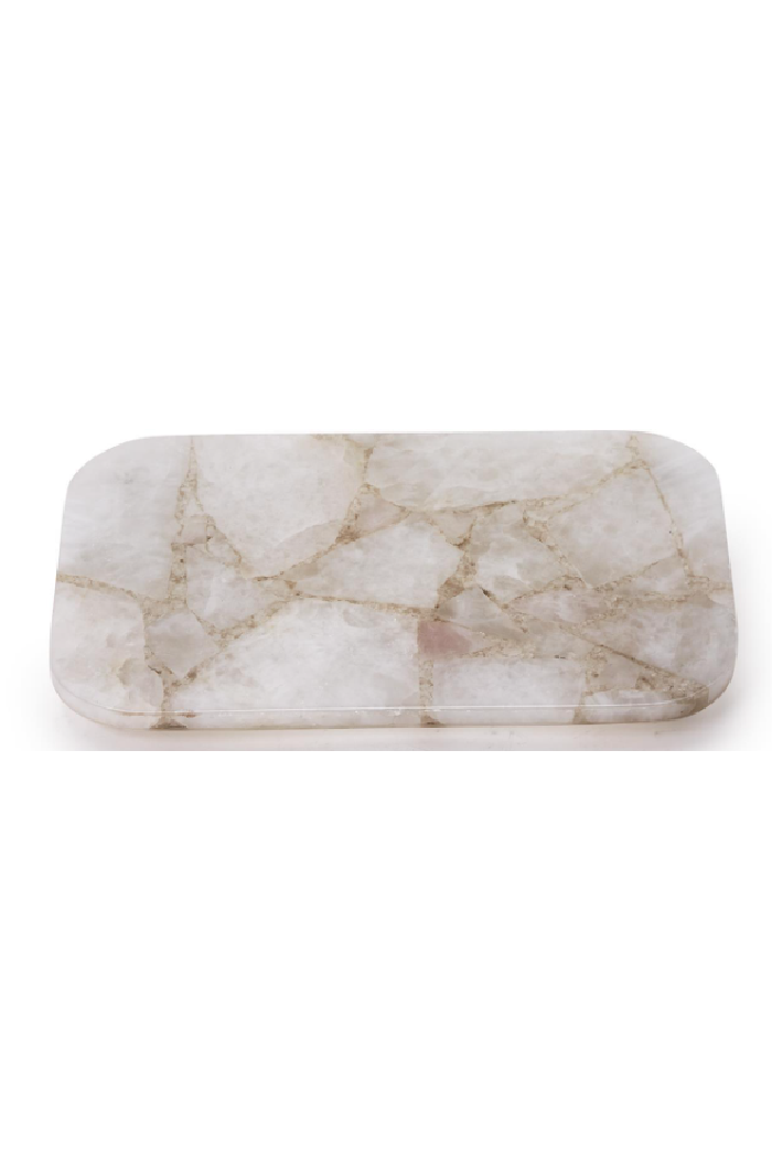WHITE QUARTZ ROUND EDGE W SILVER FEET. 14" W x 9" D x 1" H