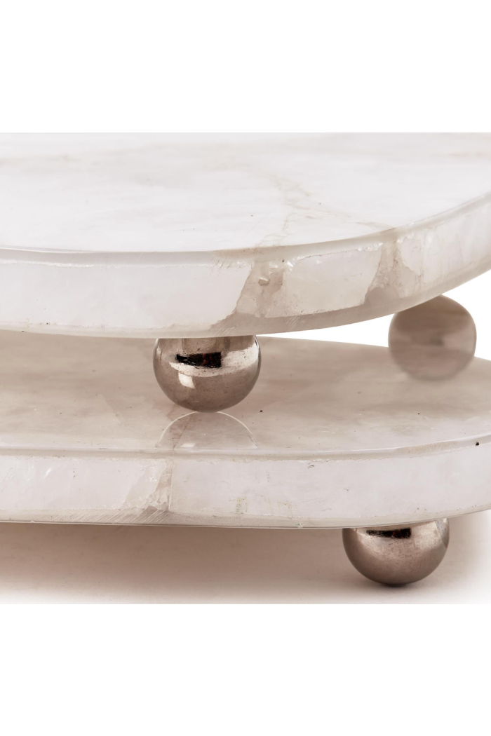 WHITE QUARTZ ROUND EDGE W SILVER FEET. 14" W x 9" D x 1" H