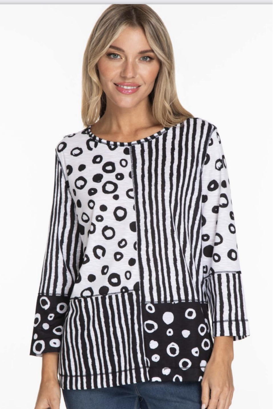 3/4 sleeve scoop neck multi panel top