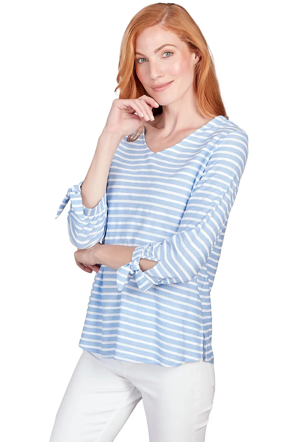 V-Neck Breathable Stripe Knit Top