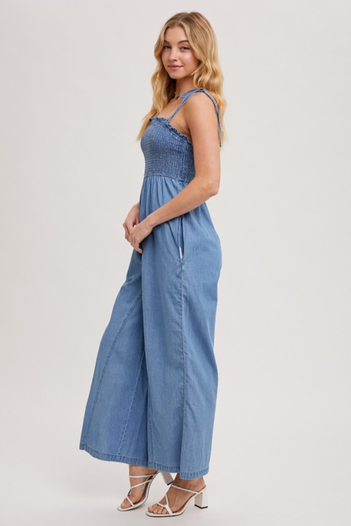 Smocked Denim Jumpsuit