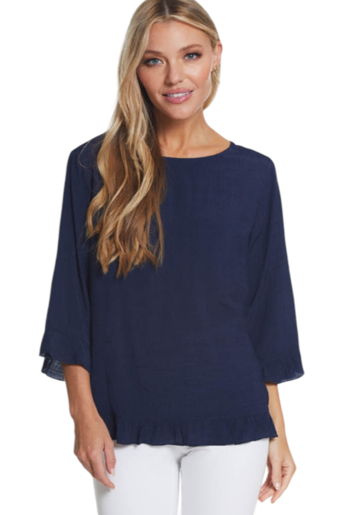 3/4 RUFFLE HI LO HEM WOVEN TOP