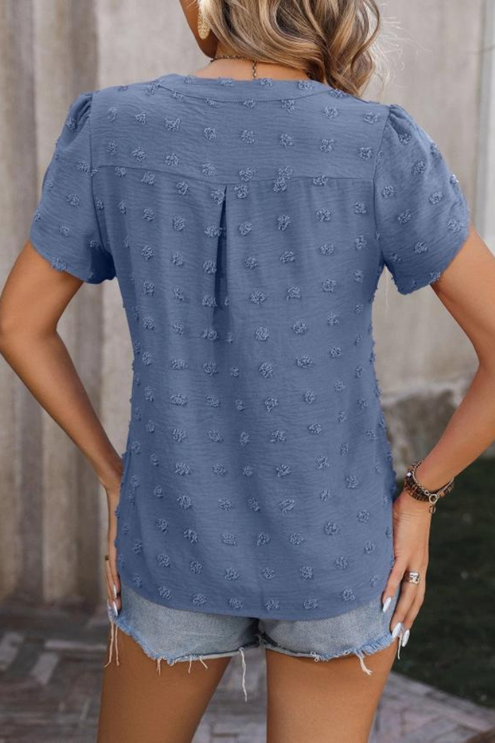 V-Neck Chiffon Furball Top with Petal Sleeves Shirt