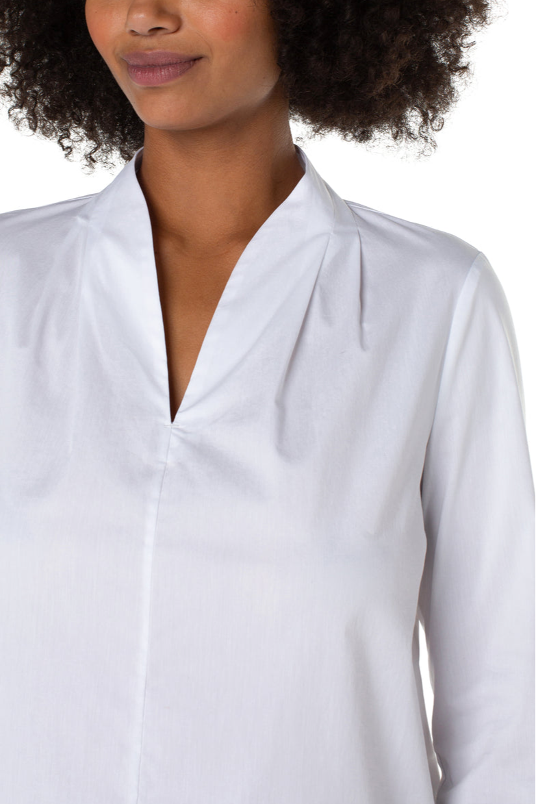 V Neck Long Sleeve Woven Top - White