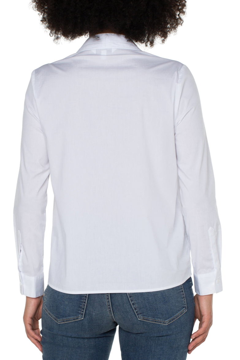 V Neck Long Sleeve Woven Top - White