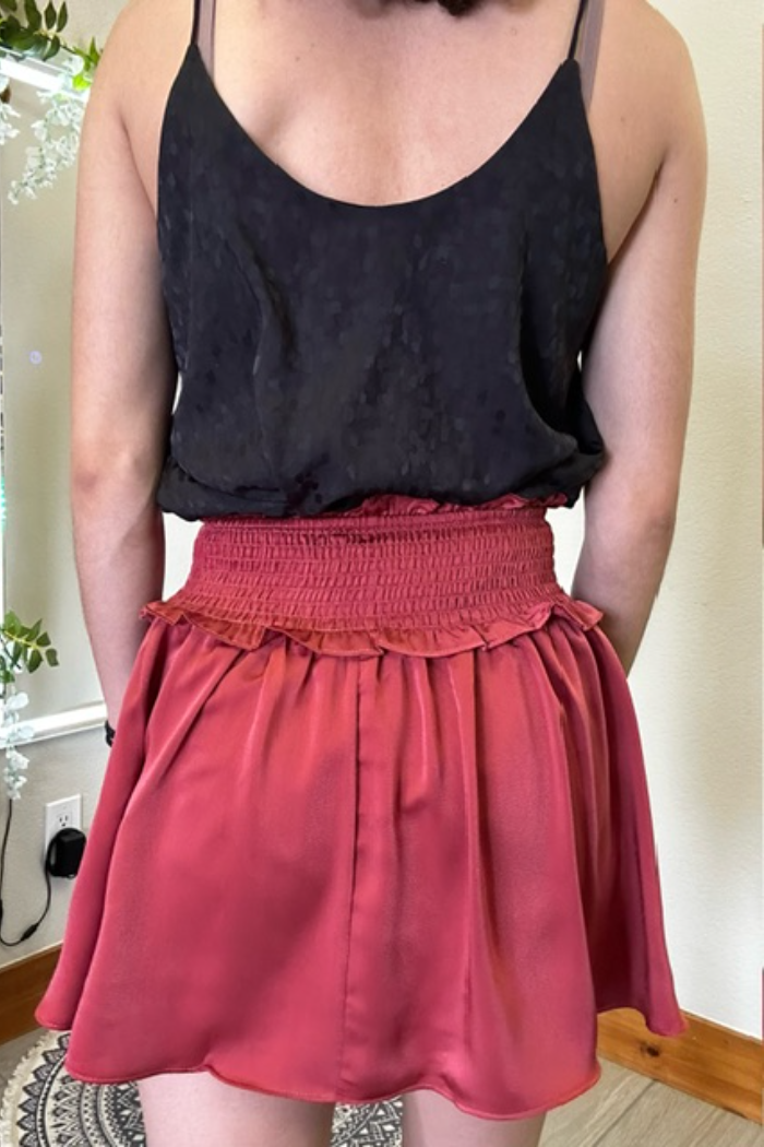 Woven Satin Mini Skirt w/smocked Waistband and Shorts Lining