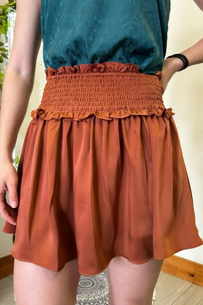 Woven Satin Mini Skirt w/smocked Waistband and Shorts Lining