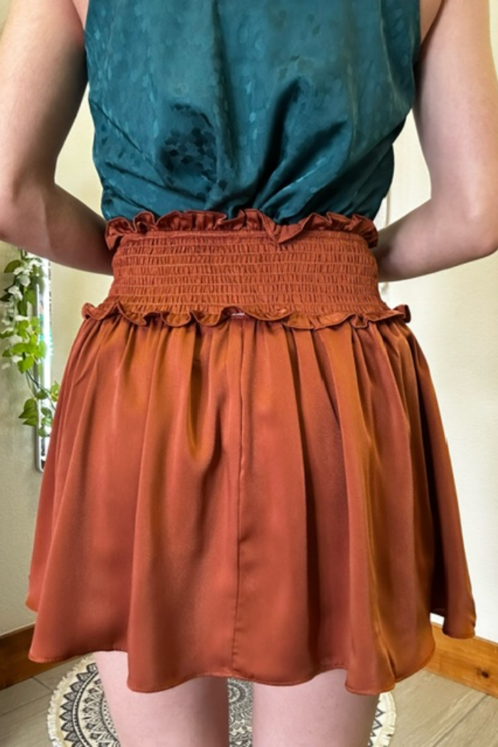 Woven Satin Mini Skirt w/smocked Waistband and Shorts Lining