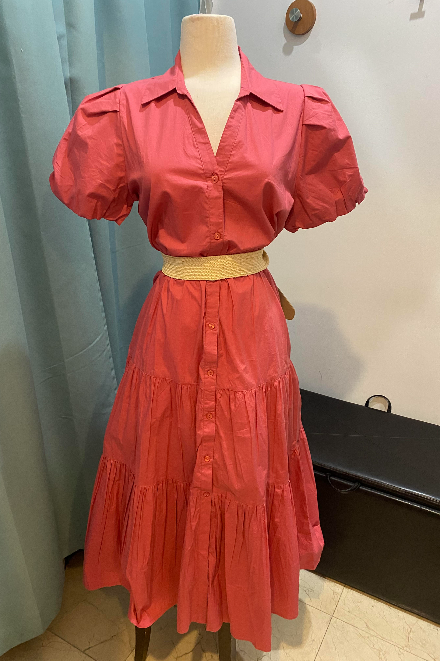 Tiered Elastic Sleeved Button Down Maxi Dress