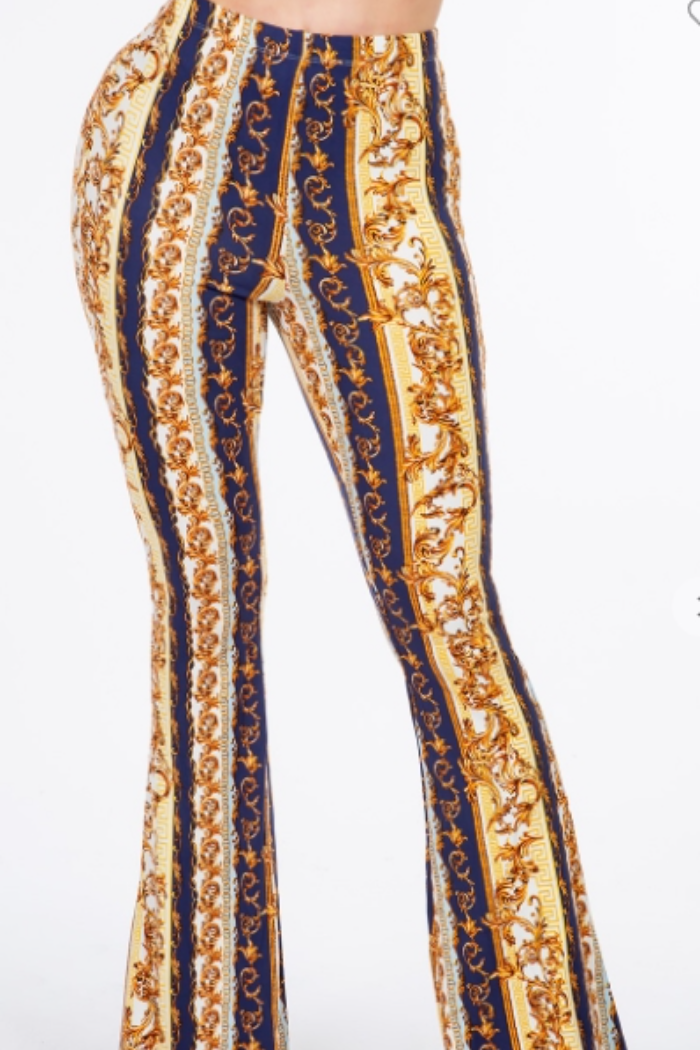 Baroque Chain Printed Flared Long Pant in Navy Print