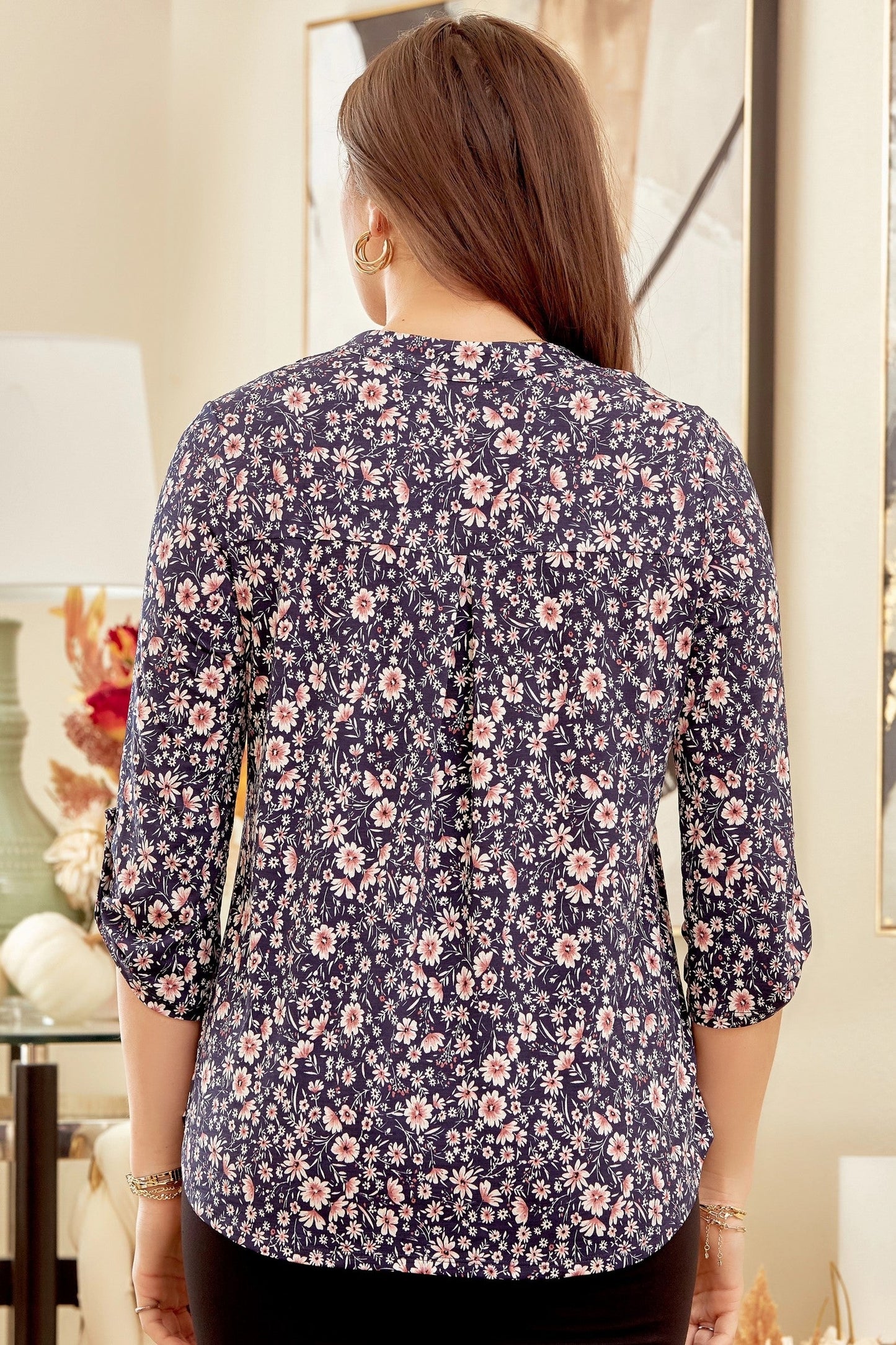 v neck 3/4 sleeve blouse