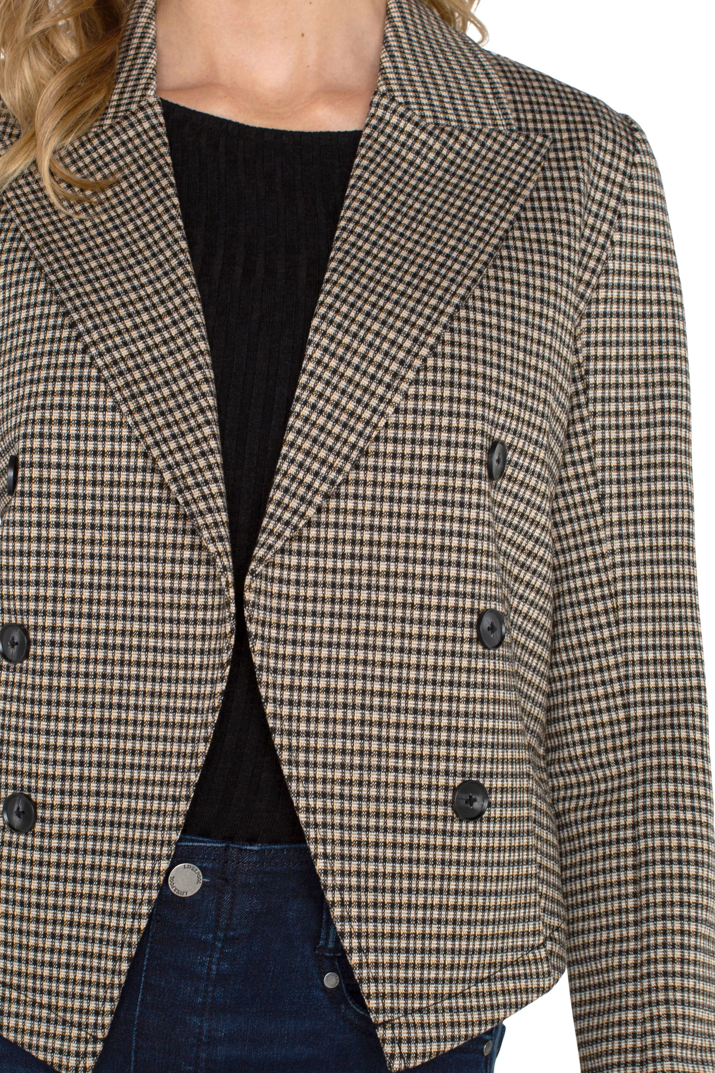 Open Front Blazer - Black/Tan Check