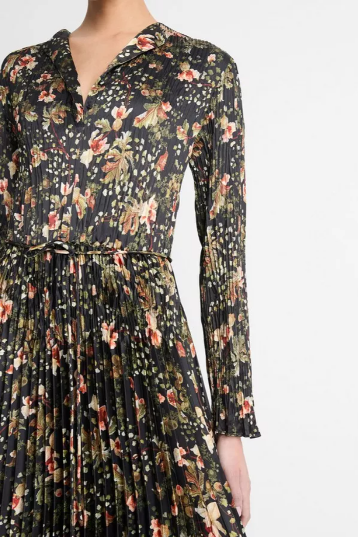 Orchid Vine Pleated Long-Sleeve Dress