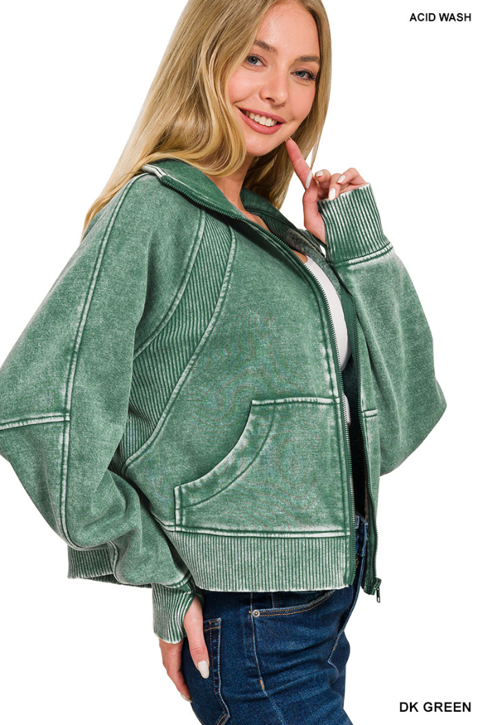 Acid wash zip up fleece jacket