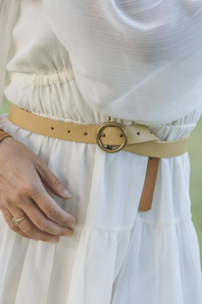 Brass-Toned Circle Buckle Leather Belt