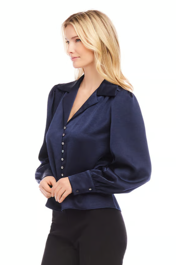 Shirred Satin Blouse - Navy