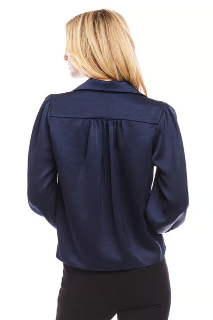 Shirred Satin Blouse - Navy