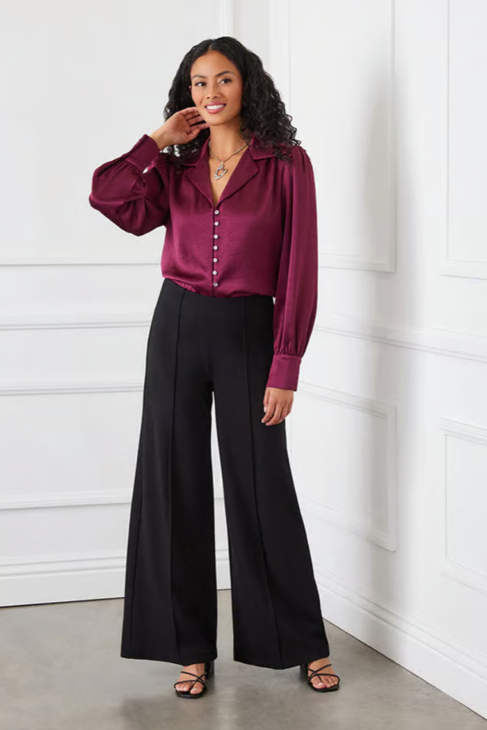 Shirred Satin Blouse - Wine