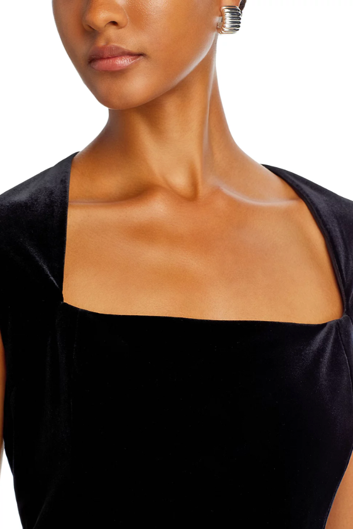 Stretch Velvet Square Neck Dress - Black