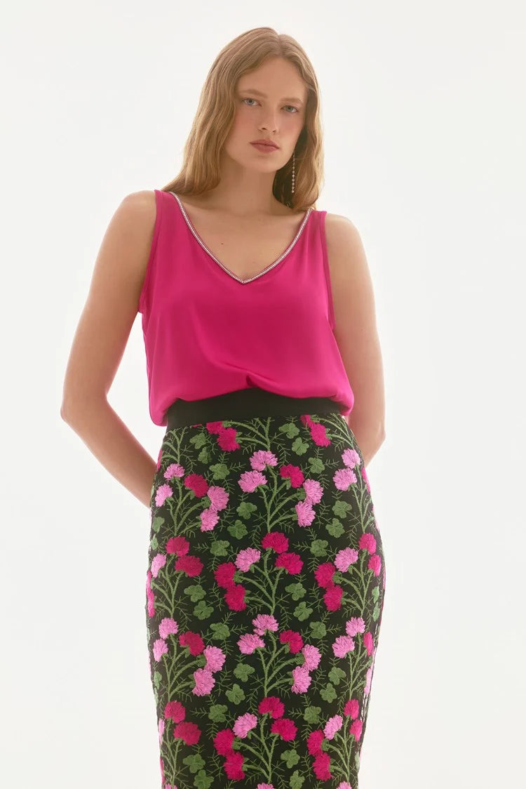 Novelty Floral Embroidered Pencil Skirt- Black/Multi