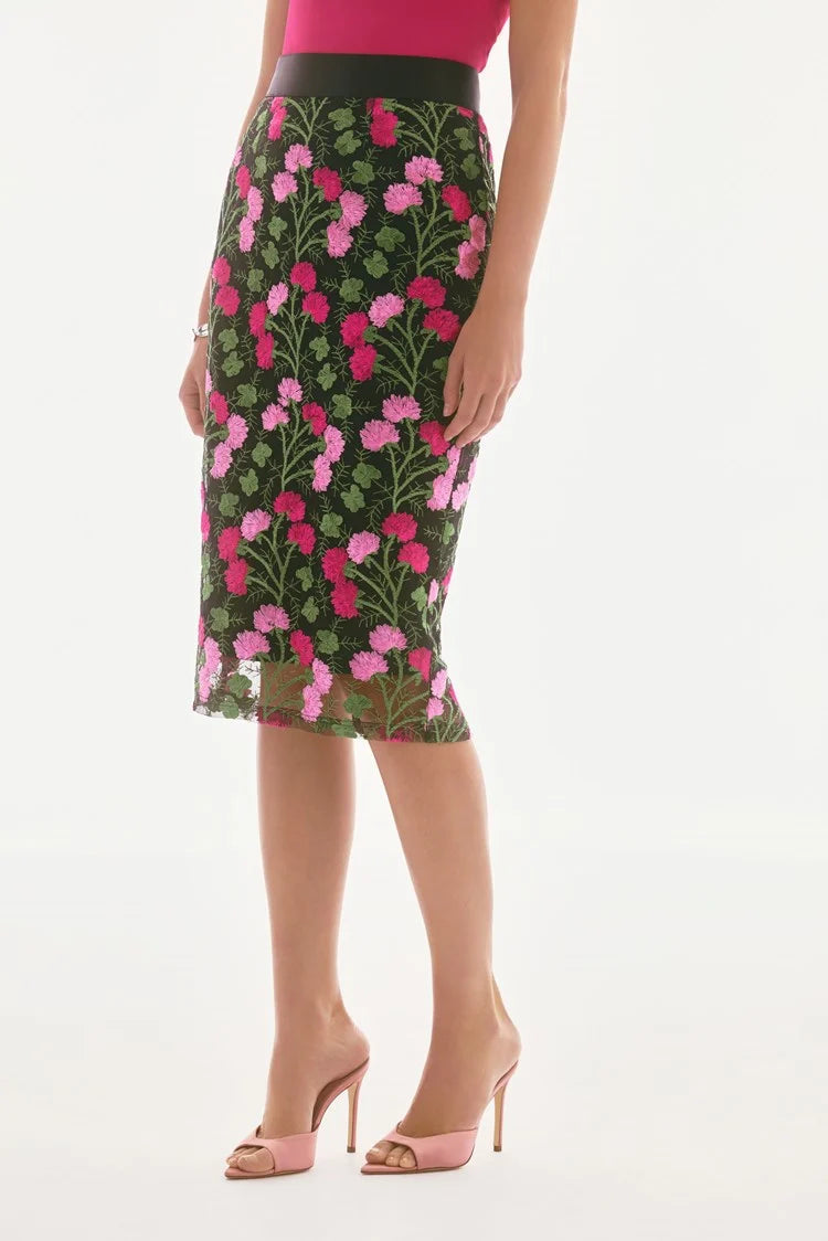 Novelty Floral Embroidered Pencil Skirt- Black/Multi