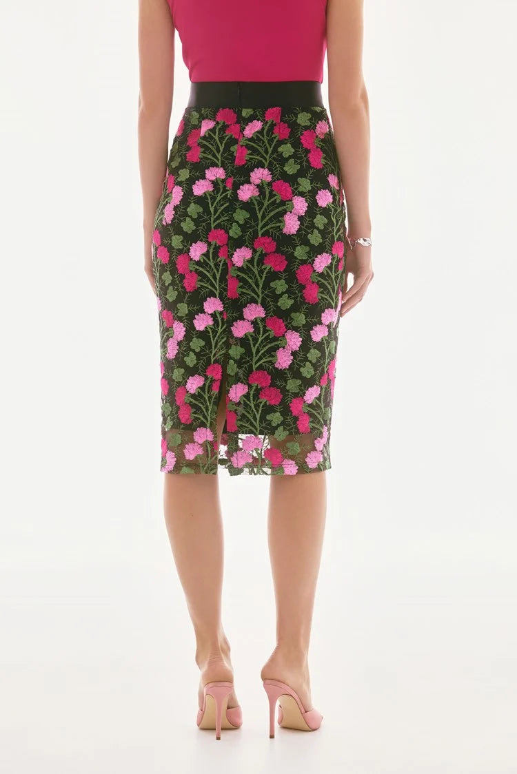 Novelty Floral Embroidered Pencil Skirt- Black/Multi