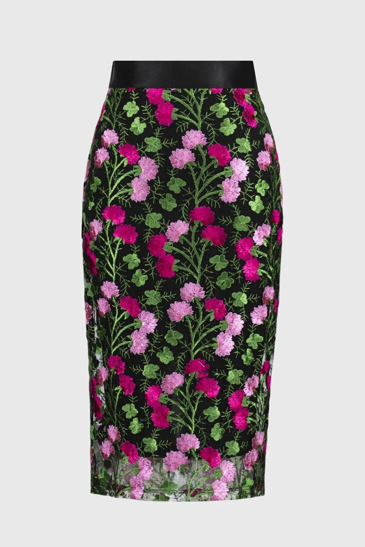 Novelty Floral Embroidered Pencil Skirt- Black/Multi