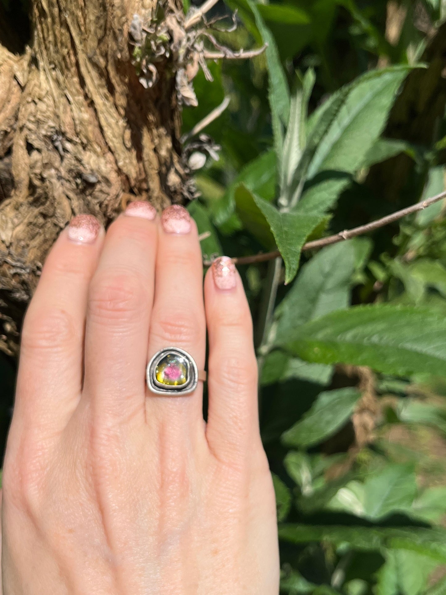 Olive Green and Pink Watermelon Tourmaline Reservoir Ring