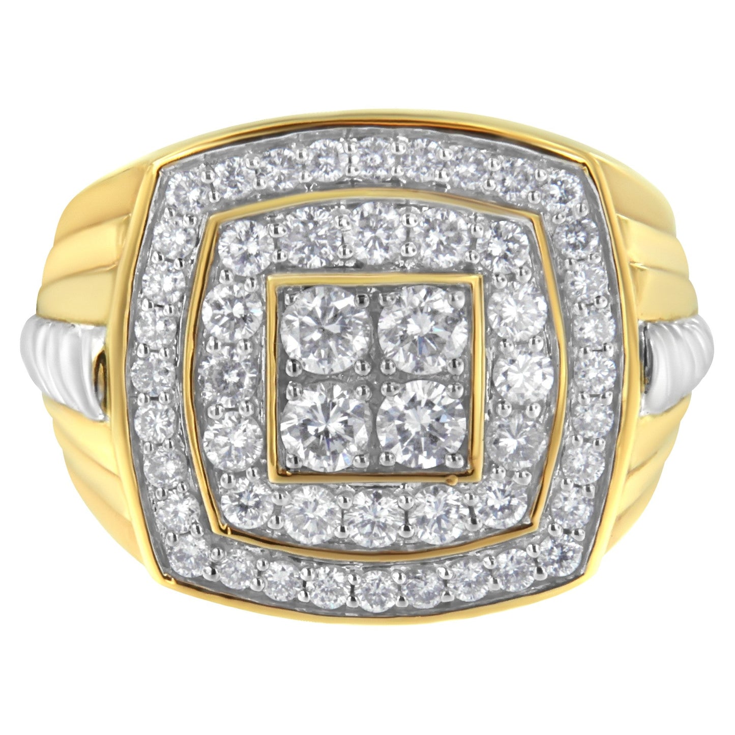 14K Yellow Gold 2.0 Cttw Diamond Men's Double Halo Cushion-Shaped Square Cluster Ring (H-I Color, Si1-Si2 Clarity) - Size 10-1/2