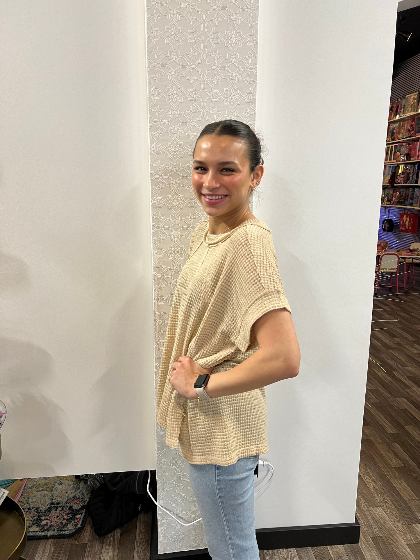 Brushed Waffle Exposed-Seam Short Sleeve Top