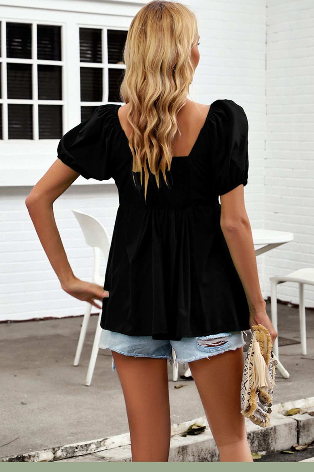 Notched Neck Smocked Babydoll Top