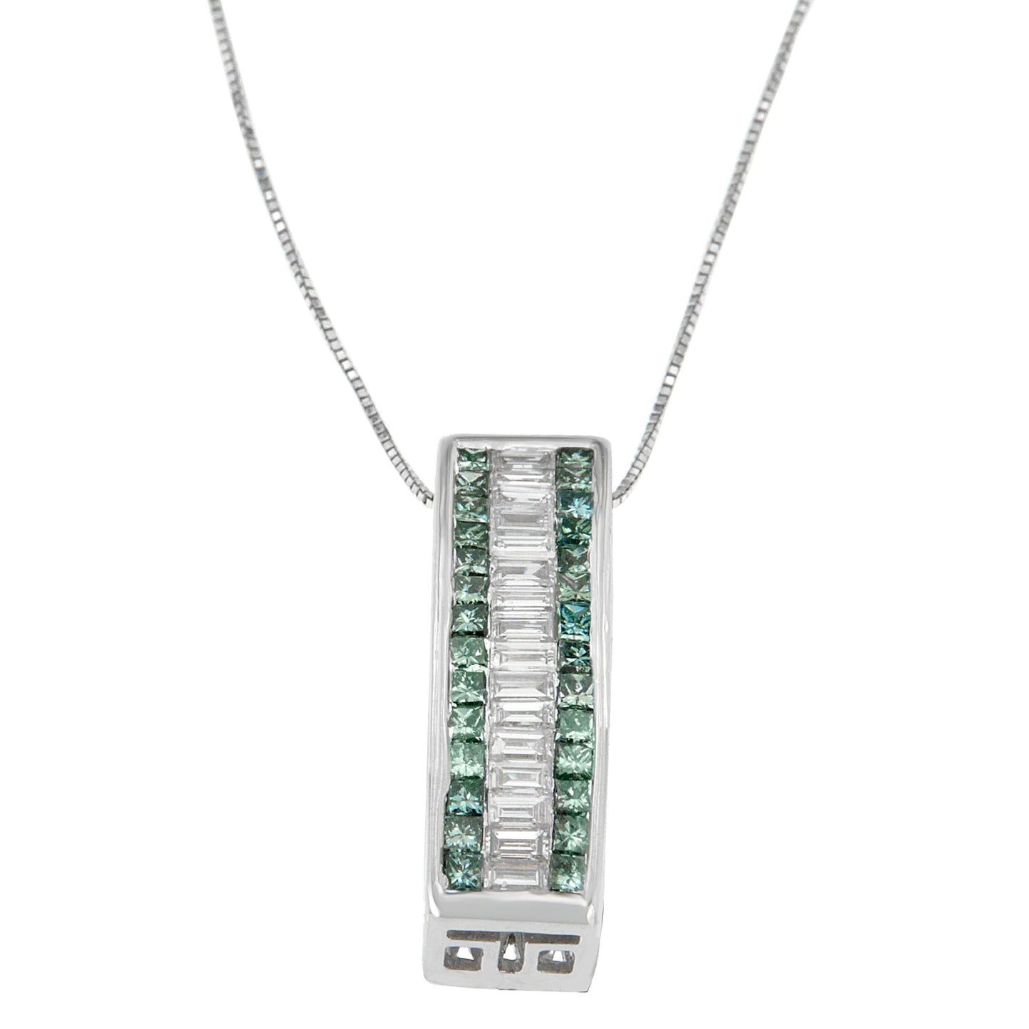 14K White Gold 1 1/3Ct Cttw Baguette And Princess Cut Treated Blue Diamond Halo Pendant Necklace (H-I, Si1-Si2)