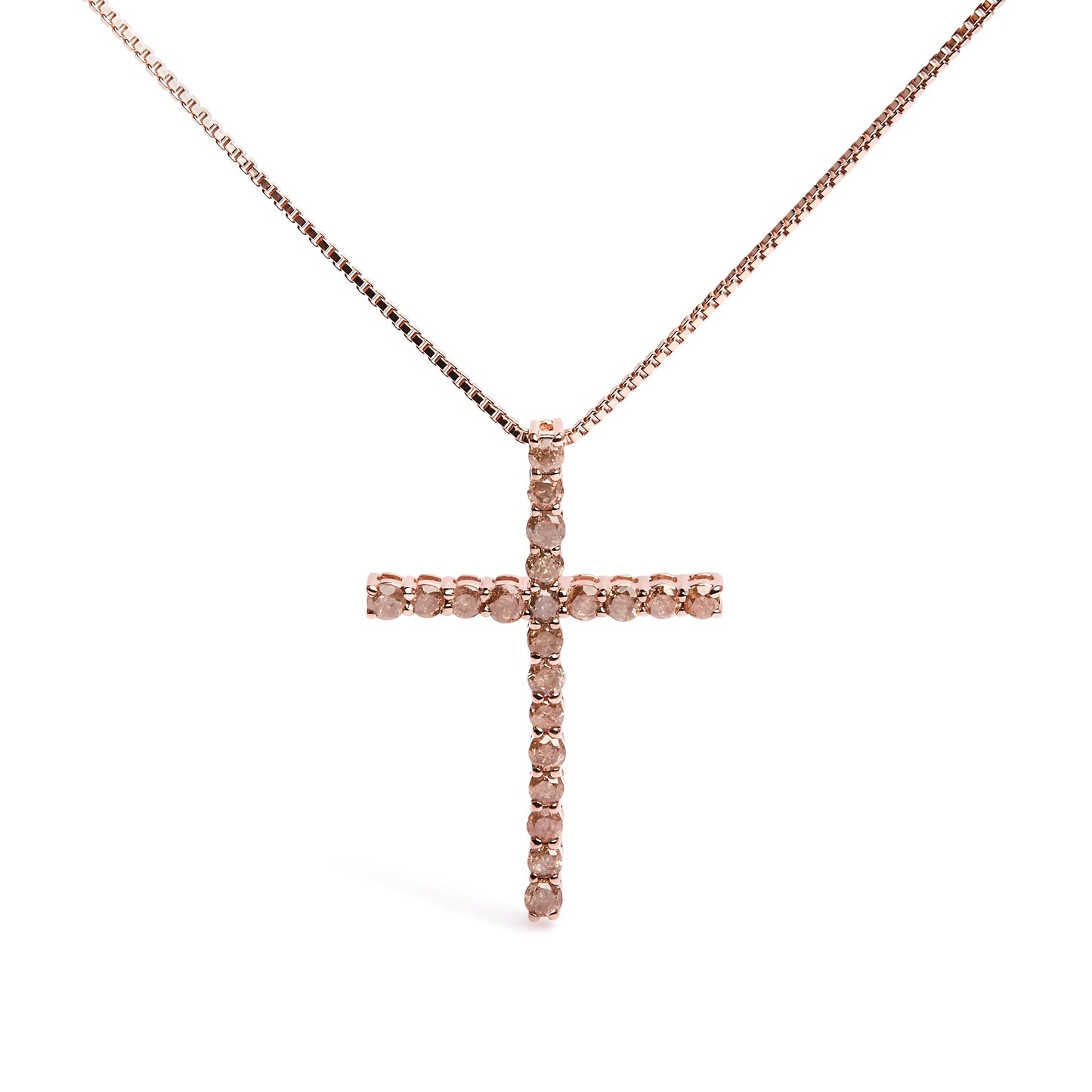 14K Rose Gold Plated .925 Sterling Silver 1.0 Cttw Champagne Diamond Gold Cross Pendant Necklace For Women (Champagne Color, I1-I2 Clarity)- 18 Inch